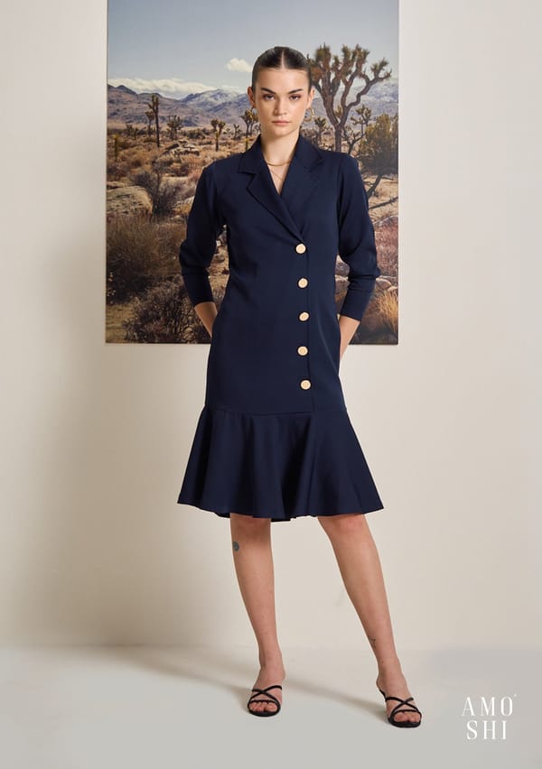Navy Blazer-Style Midi Dress with Metallic Buttons — AMOSHI