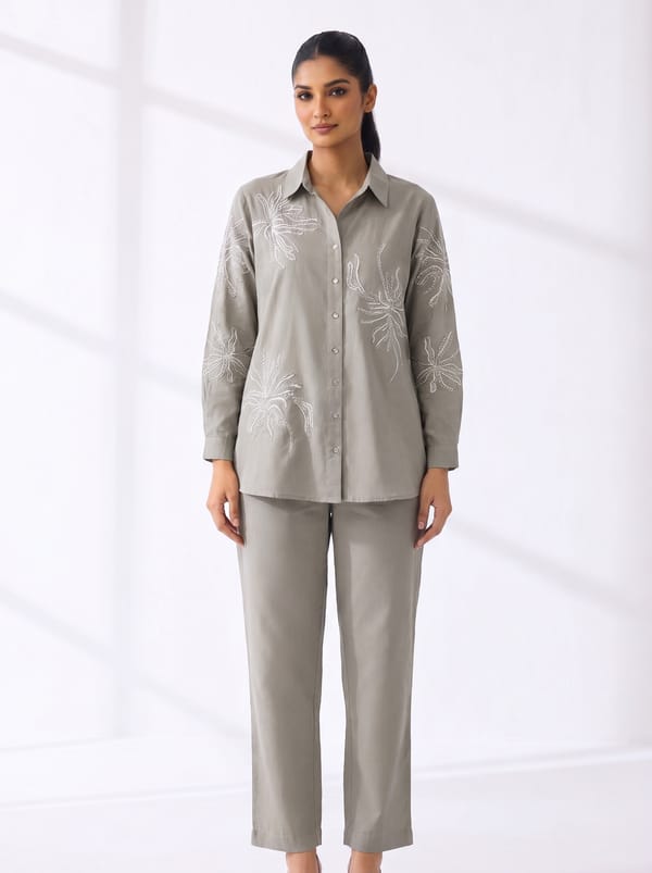 Grey Embroidered Shirt and Pants Co-ord Set — THE LUXURY DRESSING