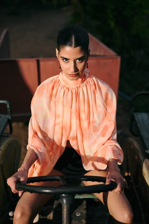 Orange Chiffon High-Neck Drape Top with Bandeau — Contemponari