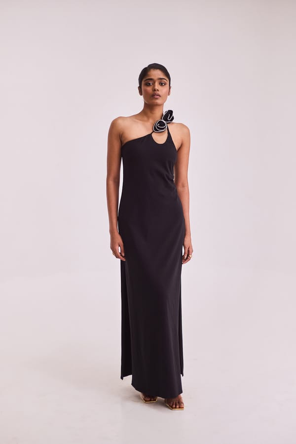 Black One-Shoulder Maxi Dress with Rosette Detail — Urban Suburban