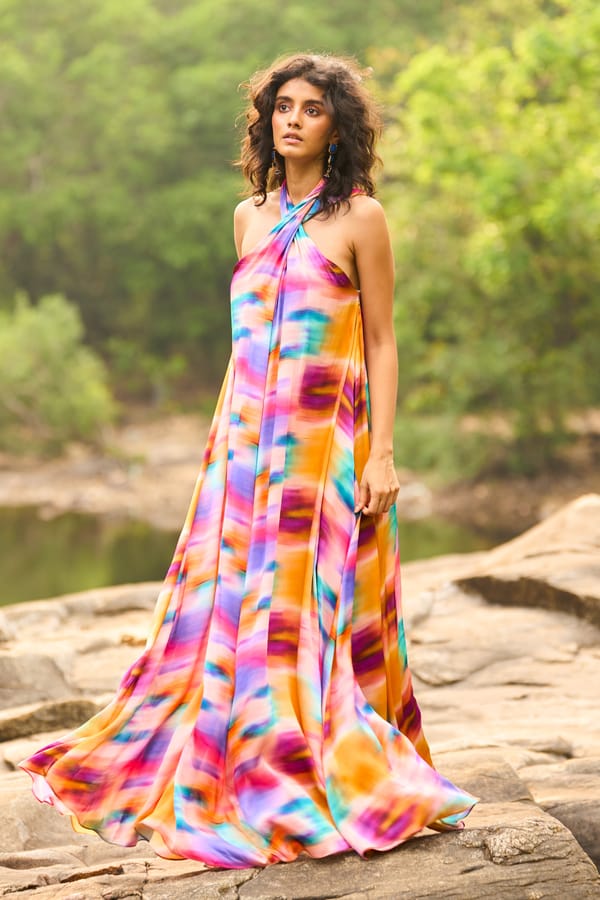 Multicolor Printed Halter Neck Backless Maxi Dress — Dash and Dot