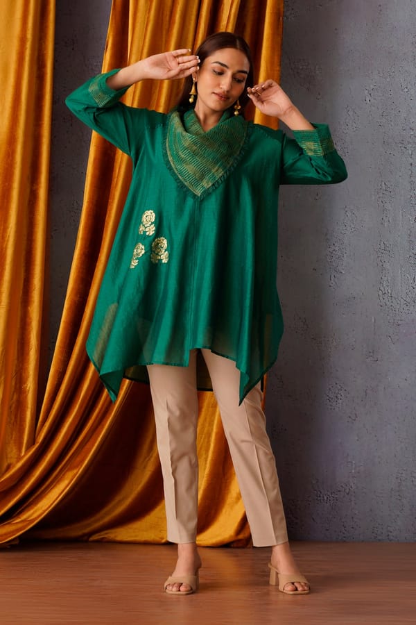 Anti-Fit Asymmetric Silk Tunic with Flower Motif Sequin Embroidery & Cowl Collar — Omi Clothing