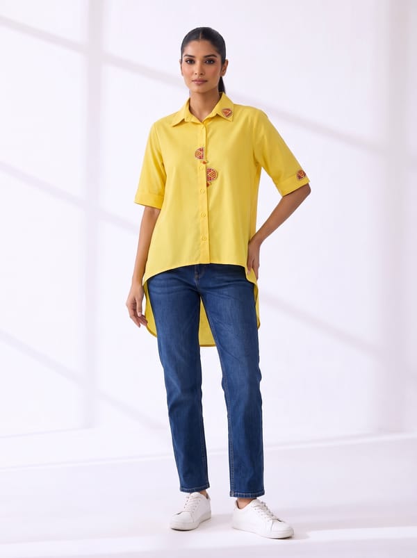 Yellow Cotton Collared High-Low Hem Shirt — THE LUXURY DRESSING