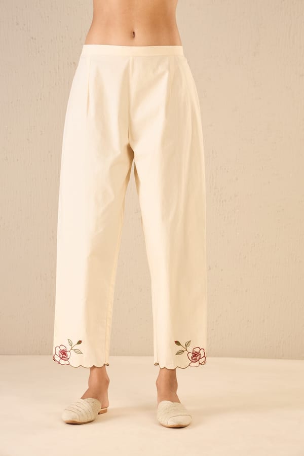 Petal Path: Ivory Floral Embroidered Scalloped Pants — SHIVANI BHARGAVA