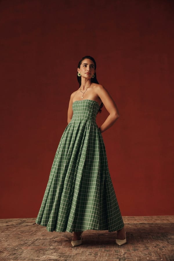 Green Windowpane Strapless Fit and Flare Midi Dress — Sage by Mala