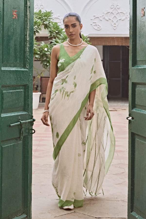 The Kalina Floral Handcrafted Linen Saree — YELL