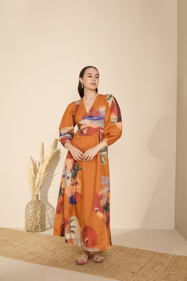 Rust Abstract Print Fit and Flare Maxi Dress — GAIMA LABEL