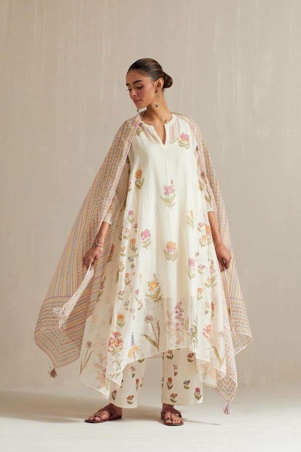 Off White Asymmetric Hem, Paneled Kurta Set — Upavita