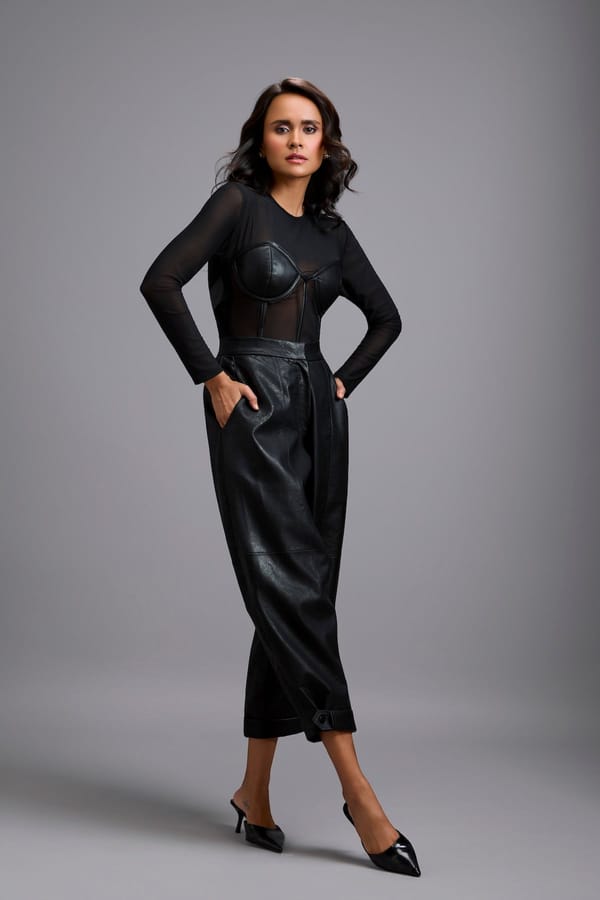 Sheer Bodysuit with Leather Bustier & Pants — Deepika Arora