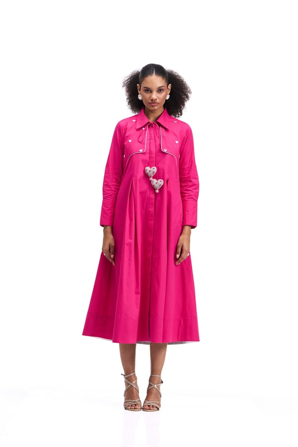 Fuchsia Cotton Poplin Midi Shirt Dress with Heart Details — Our Love