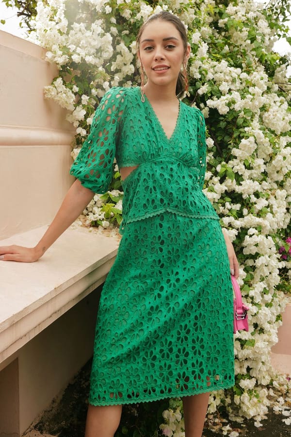 Emerald Green Cotton Broderie Cutwork Midi Dress — BOHO-CHIC