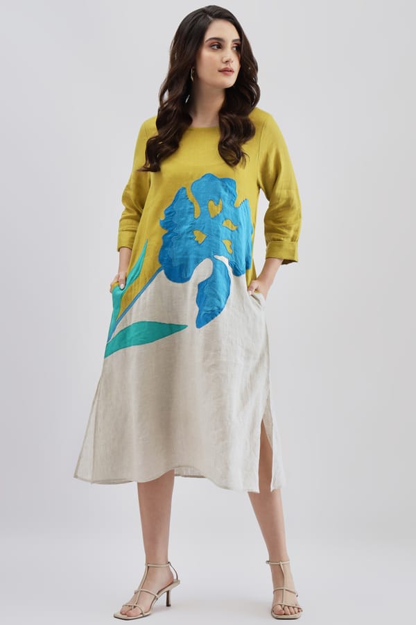 Lime Linen A-Line Midi Dress with Statement Applique — Linen Bloom