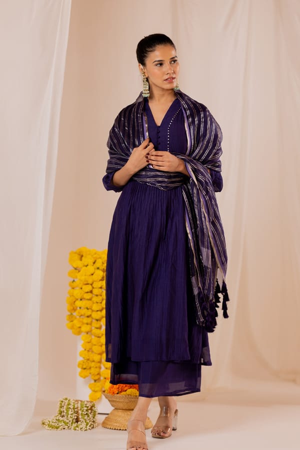 Ink Blue Pleated Chanderi Kurta Set with Dupatta — Silai studio