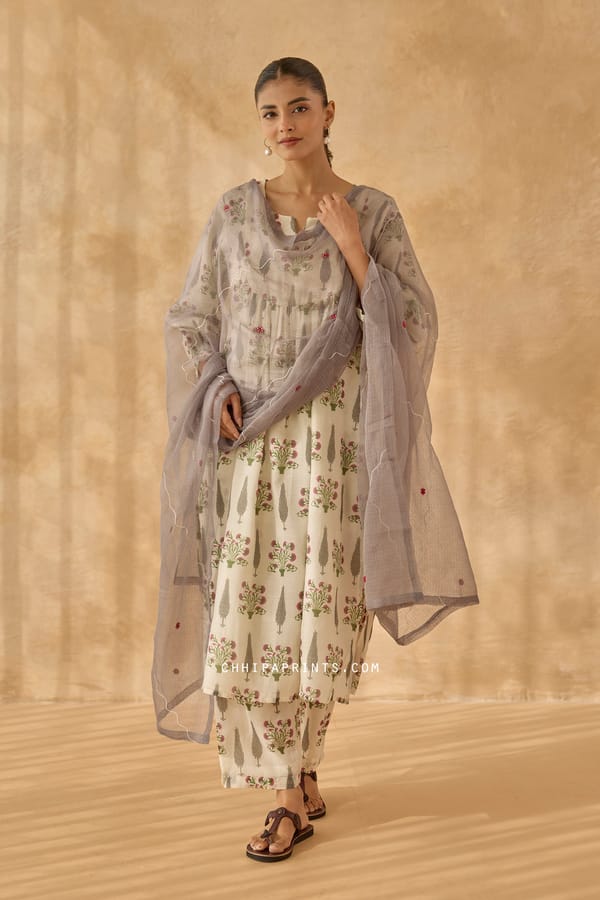 Chanderi Silk Pine Buta Print Kurta Set — CHHIPA JAIPUR