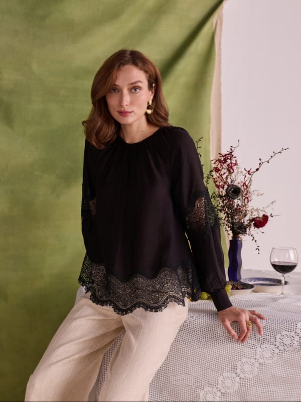 Black Flowy Lace-Detail Top with Full Sleeves — Style Island