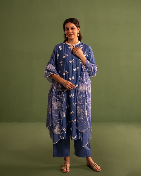 Space Blue Floral Embroidered Chanderi Suit Set — Kameez