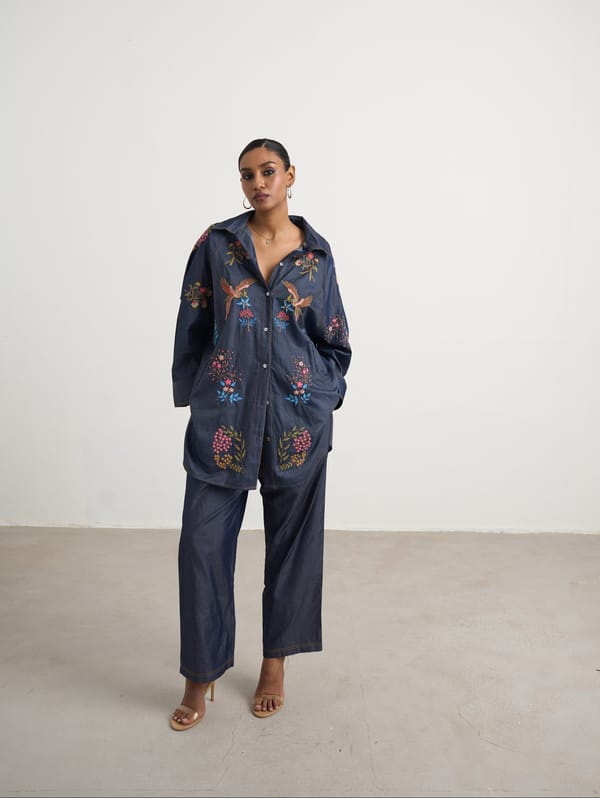 Blue Denim Embroidered Shirt and Wide-Leg Pants Co-ord Set — Naka Teki