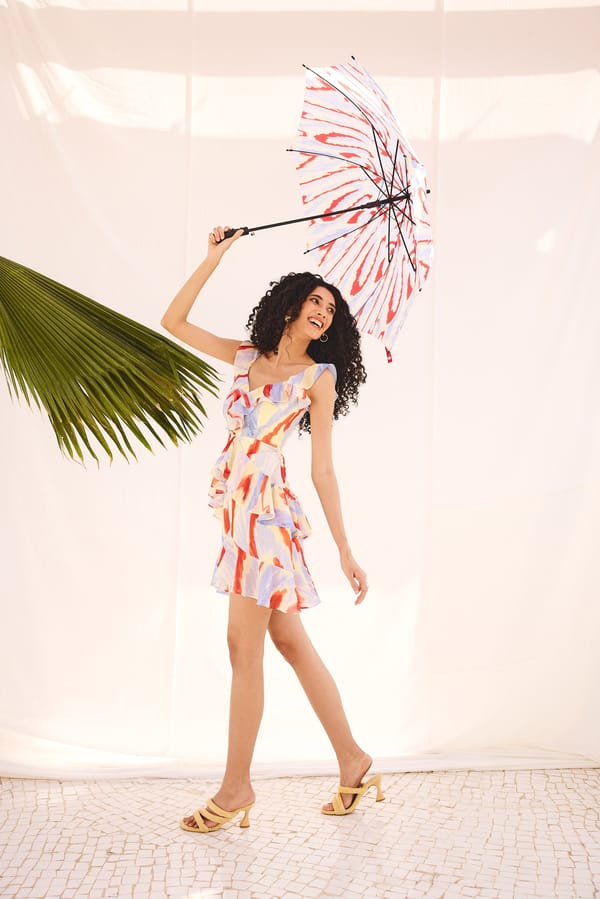 Multicolor Abstract Print Ruffle Mini Dress in Georgette — Payal Zinal