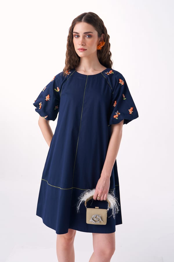 Navy Cotton Satin Mini A-Line Dress with Embroidered Sleeves — Our Love