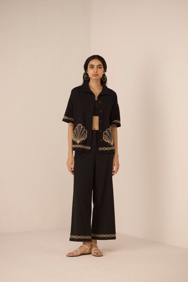 Black Cotton Linen Wide-Leg Trousers with Hem Embroidery — Calling June