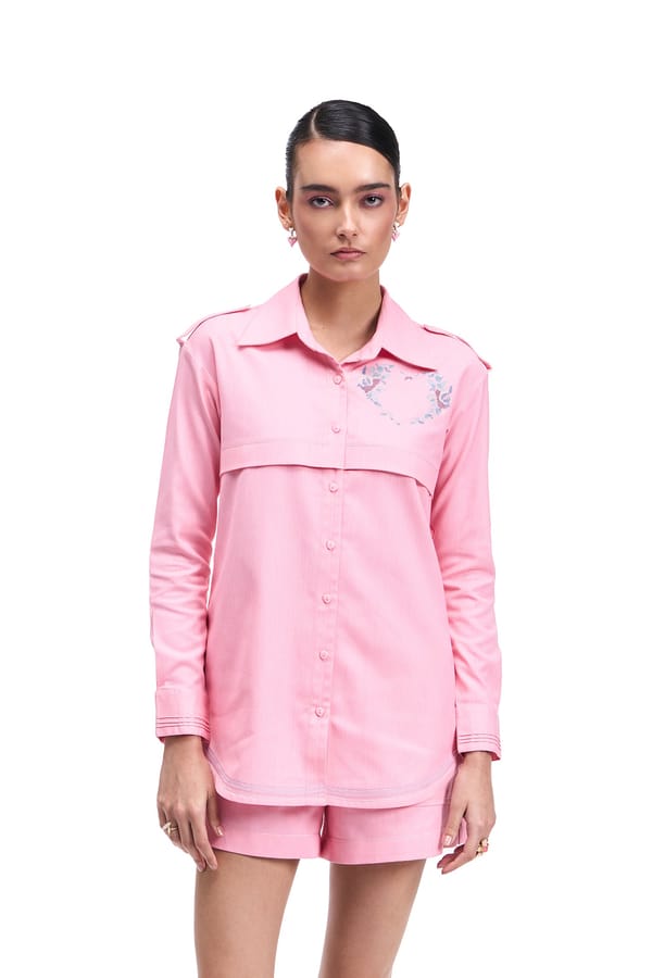 Bubblegum Pink Cotton Denim Shirt with Heart Embroidery — Our Love