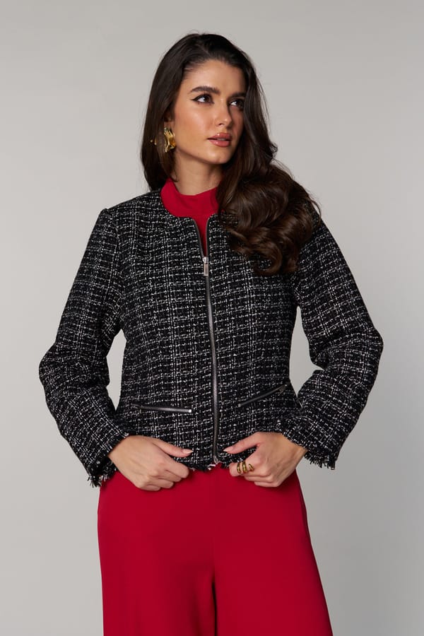 Black Textured Tweed-Style Cropped Zip-Front Jacket — Style Island