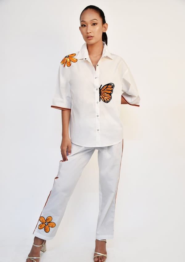 White Cotton Co-ord Set with Sequin Embroidery Shirt and Pants Set — Richa Goenka