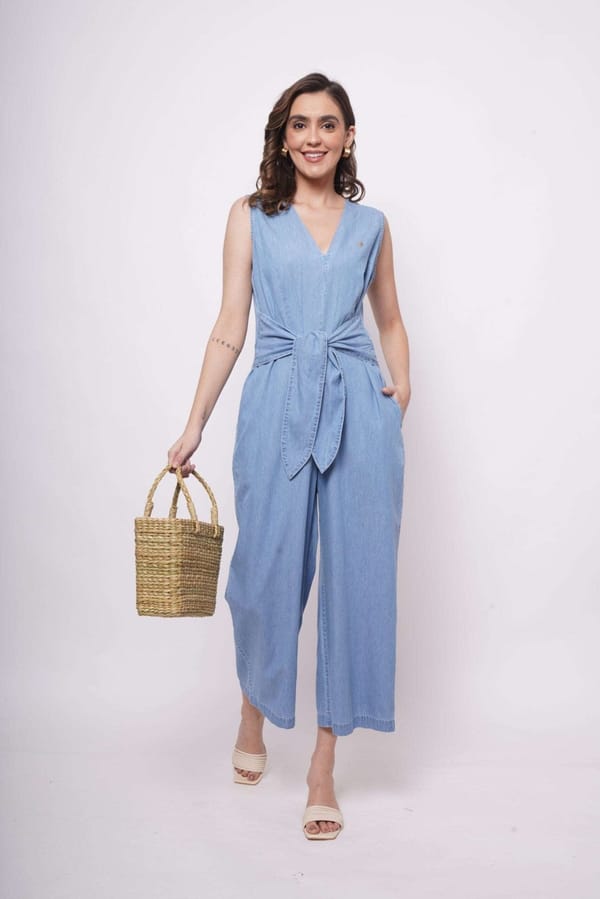 Sleeveless Front Strap Knot Blue Cotton Jumpsuit — Western Era