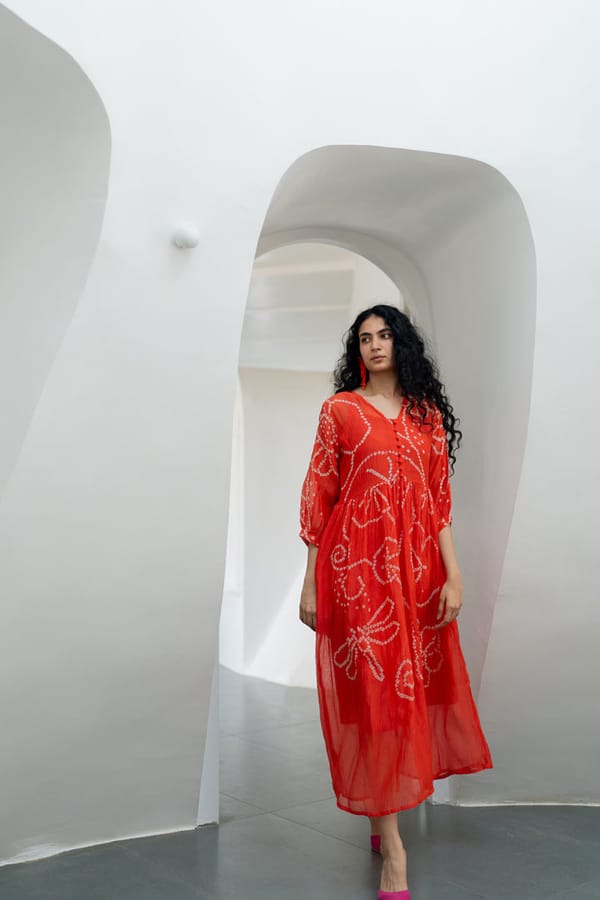 Fiery Orange Bandhani Chanderi Midi Dress with Pockets — Silai studio