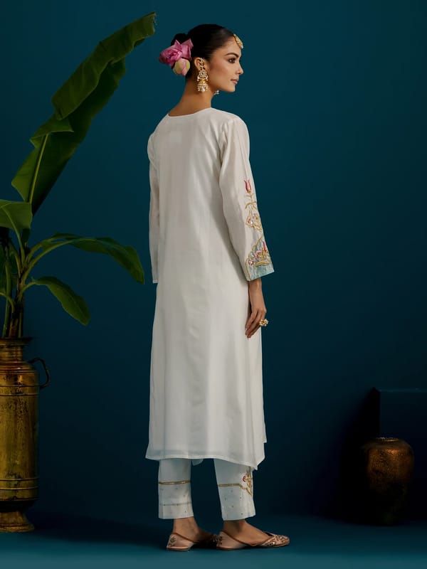 Ivory Silk Chanderi Embroidered Yoke Straight Kurta — Anantaa