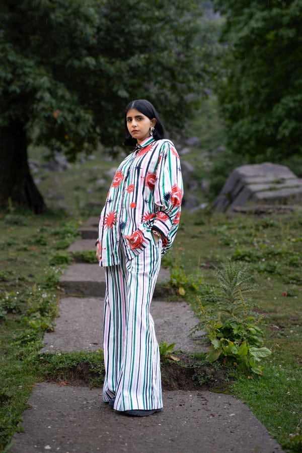 Muted Green Striped Printed Shirt and Pant Co-ord Set — White Saturn