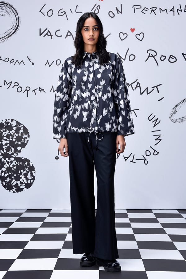 Black Oversized Heart Print Shirt with Drawstring Hem — Genes Lecoanet Hemant
