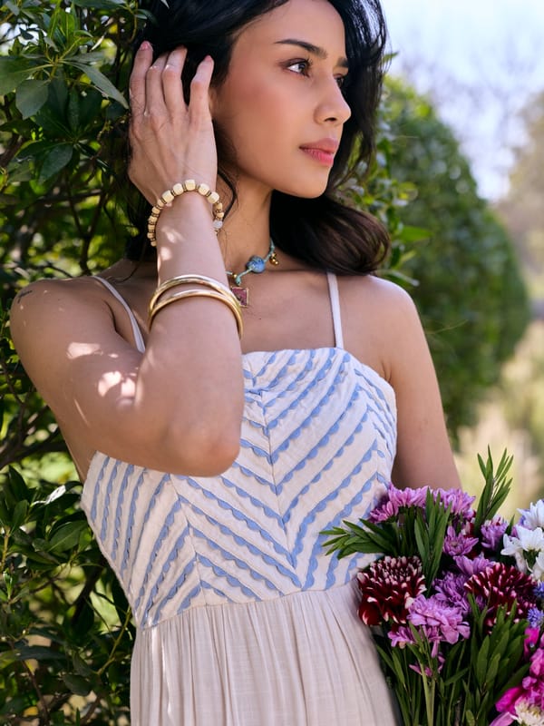 White and Blue Tiered Maxi Dress with Square Neck — Style Island