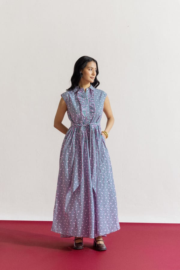 Blue Printed Collared Maxi Shirt Dress with Tie Waist — Designs by Queen Bee
