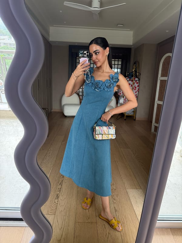 Denim Blossom Midi (Handmade 3D Roses) — Weaving Cult