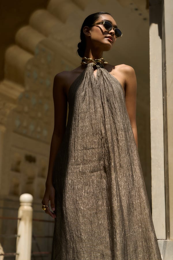 Metallic Tissue Halter Neck Maxi Dress — Dash and Dot