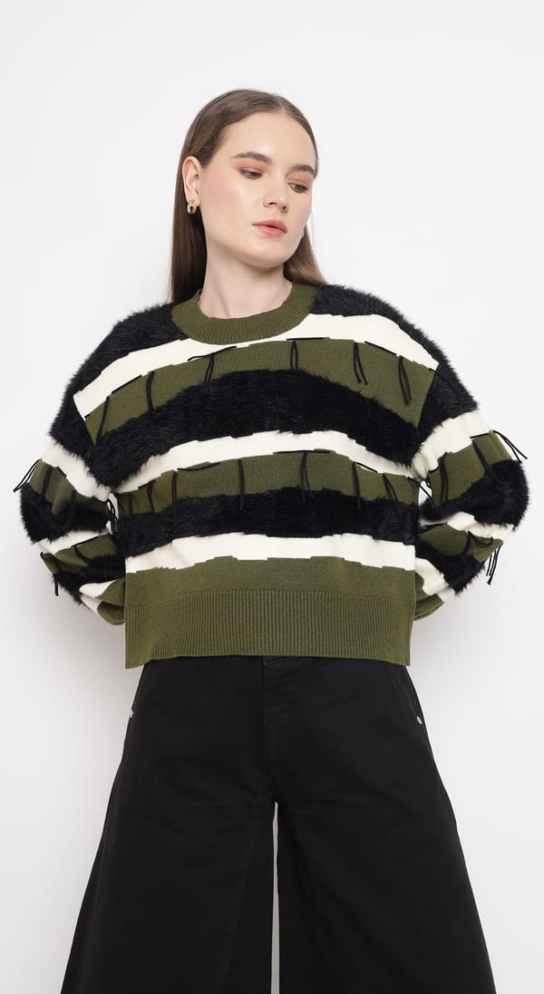 Olive Striped Faux-Fur Detail Pullover Sweater — SILVIAN HEACH