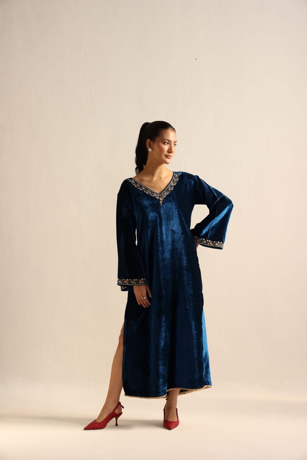 Blue Velvet V-Neck Embroidered Kaftan Kurta — Designs by Queen Bee