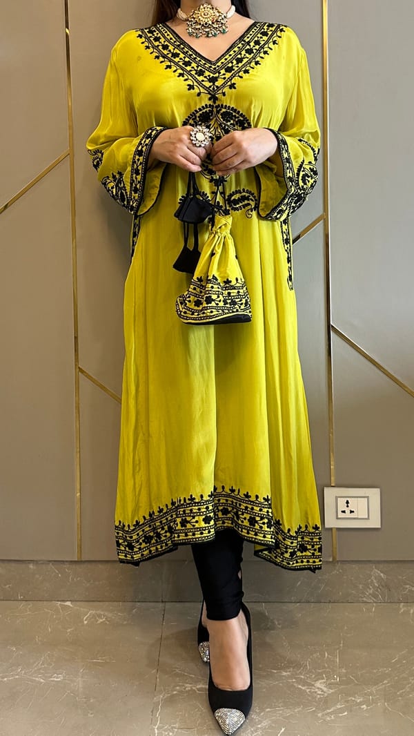 Ochre Kashmiri-Phiran Kurta with Churidar and Matching Potli — Kylee Fashions