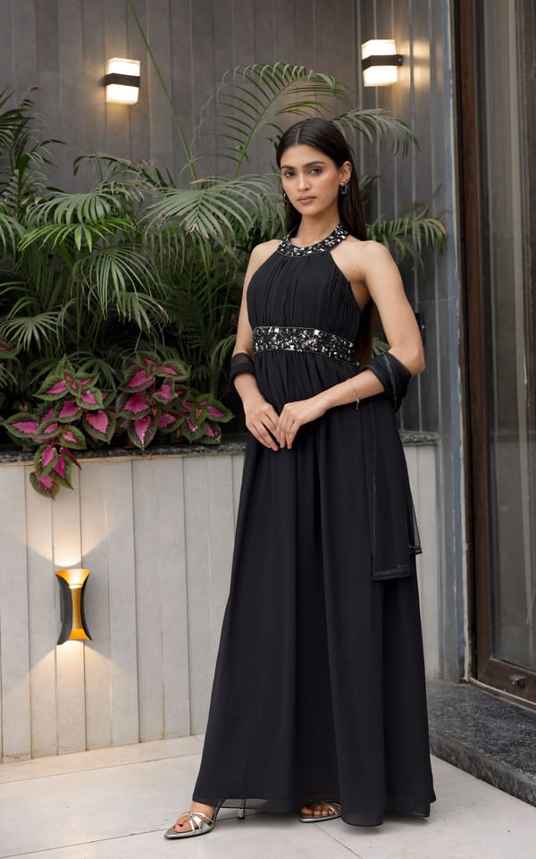 Black Halter Neck Embellished Maxi Gown — EDITION II