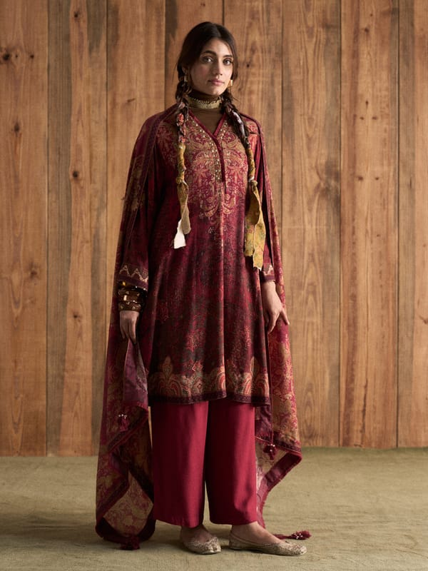 Maroon Printed Flared Kurta Set with Dupatta — SAUNDH