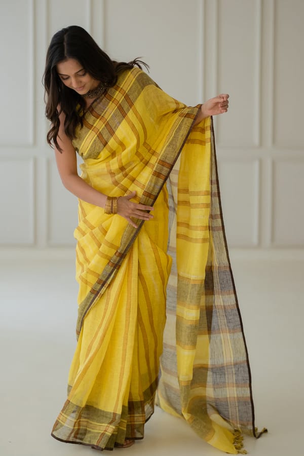 Yellow Checked Linen Saree with Border and Tassels — Silai studio