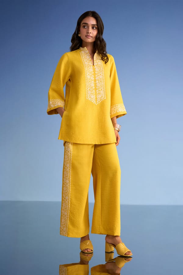 Yellow Linen-Blend Wide-Leg Embroidered Trousers — Dash and Dot