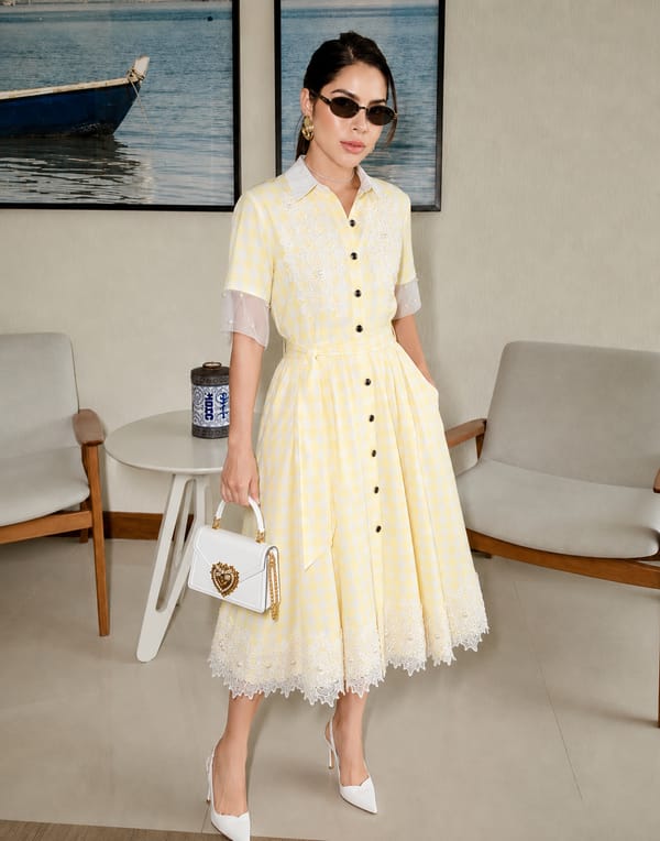 Yellow Checked Fit and Flare Midi Shirt Dress — Pink Lion India
