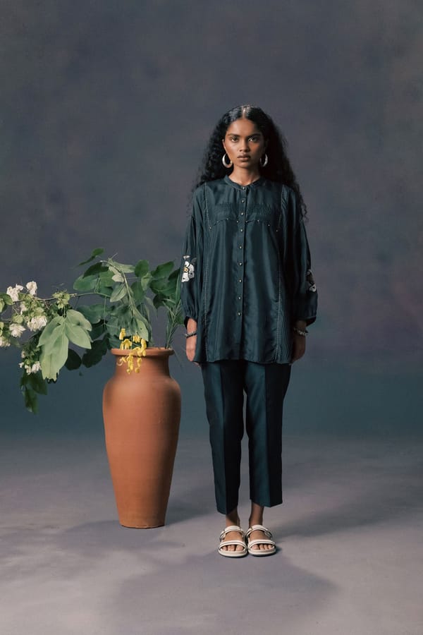 Indigo Shirt & Straight Pants In Slik Chanderi — Arcvsh Pallavi Singh