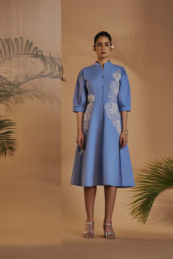 Blue Linen-Blend Fit and Flare Midi Dress with Embroidery — Origani