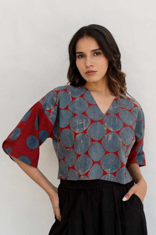 Indigo Red Block Print Polka Dot Cotton Crop Top — Vraj Bhoomi