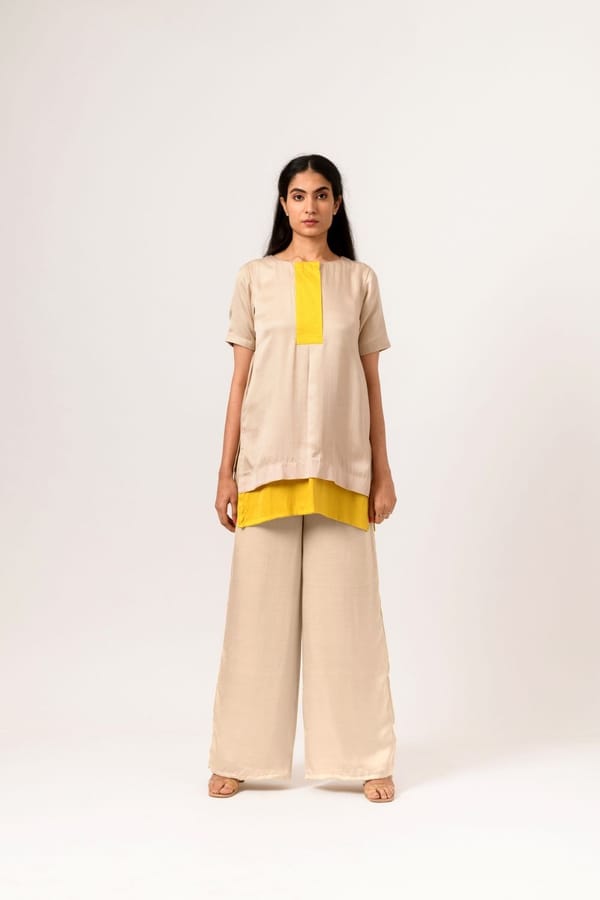 Ecru Yellow Colorblocked Longline Blouse with Half Sleeves — Neora
