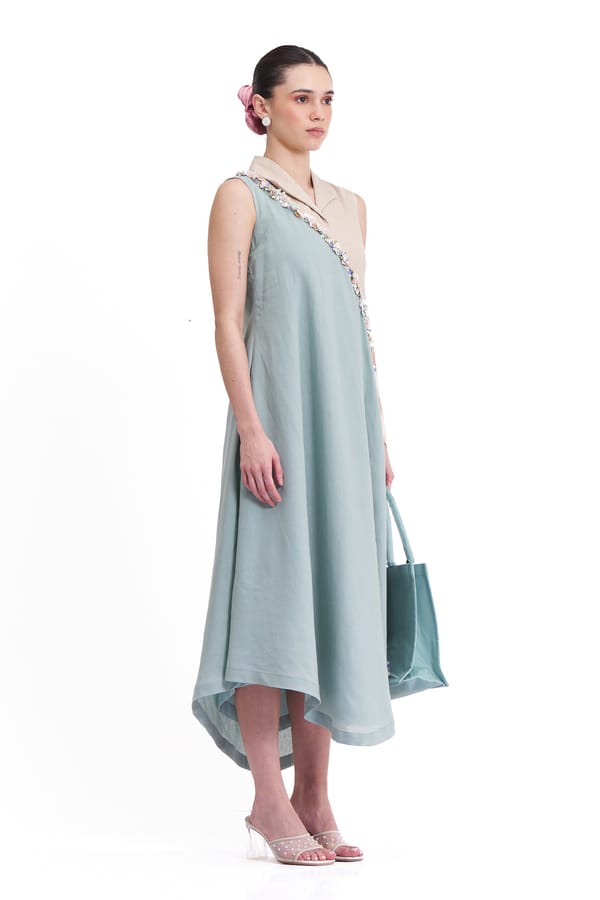 Natural and Plume Blue Colorblock Cotton Linen Midi Dress — Our Love