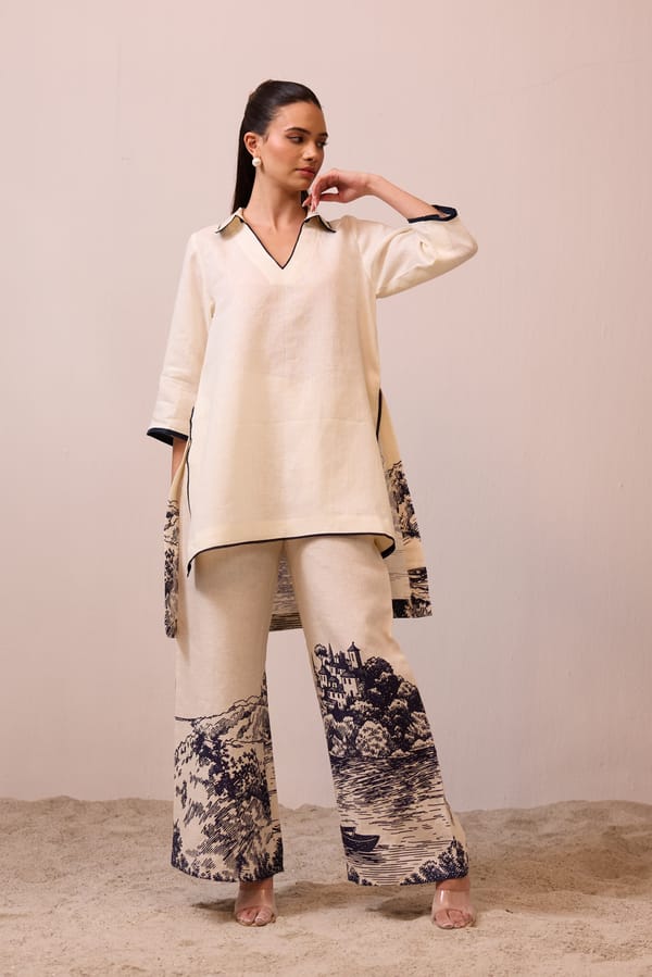 Cream Linen Tunic and Wide-Leg Pants Co-ord Set — Prink Tonic